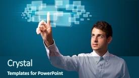  Presentation with modern tech - Slide set enhanced with human icon - businessman pressing high tech type background and a  colored foreground