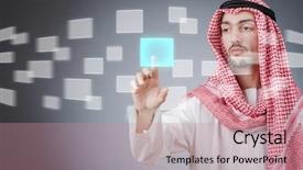  Presentation with virtual award ceremony - Audience pleasing presentation theme consisting of human icon - young arab pressing virtual buttons backdrop and a coral colored foreground