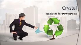  Presentation with green city - Colorful theme enhanced with human life cycle - business man watering green recycle backdrop and a sky blue colored foreground