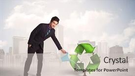  Presentation with green city - Theme with human life cycle - business man watering green recycle background and a light gray colored foreground