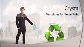  Presentation with green city - Colorful slide deck enhanced with human life cycle - business man watering green recycle backdrop and a  colored foreground