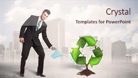 Presentation with human life cycle - PPT theme consisting of human life cycle - business man watering green recycle background and a  colored foreground