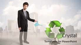  Presentation with green city - Colorful PPT layouts enhanced with human life cycle - business man watering green recycle backdrop and a light gray colored foreground