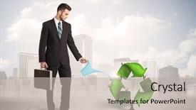  Presentation with green city - Presentation design enhanced with human life cycle - business man watering green recycle background and a light gray colored foreground