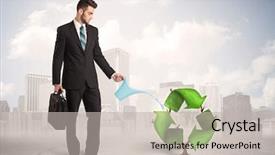  Presentation with green city - Slide set consisting of human life cycle - business man watering green recycle background and a light gray colored foreground