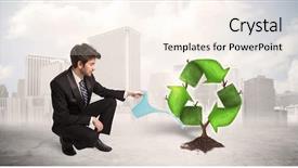  Presentation with green city - Audience pleasing PPT layouts consisting of human life cycle - business man watering green recycle backdrop and a cream colored foreground