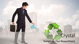  Presentation with green city - Presentation theme having human life cycle - business man watering green recycle background and a light gray colored foreground