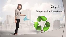  Presentation with green city - Slide deck featuring human life cycle - business woman watering green recycle background and a sky blue colored foreground