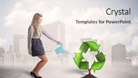  Presentation with green city - Presentation design enhanced with human life cycle - business woman watering green recycle background and a cream colored foreground