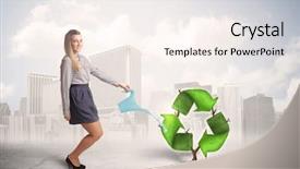  Presentation with green city - Slides having human life cycle - business woman watering green recycle background and a sky blue colored foreground