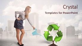  Presentation with green city - Amazing presentation theme having human life cycle - business woman watering green recycle backdrop and a sky blue colored foreground