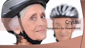  Presentation with older couple - PPT theme having human life cycle - older couple wearing cycling helmets background and a coral colored foreground