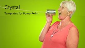  Presentation with phone - PPT theme with human mouth - senior woman communicating with tin background and a gold colored foreground