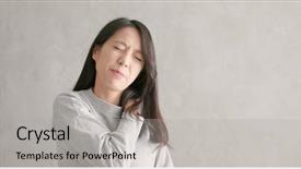  Presentation with shoulder pain - Colorful PPT theme enhanced with human neck - woman feeling shoulder pain backdrop and a light gray colored foreground