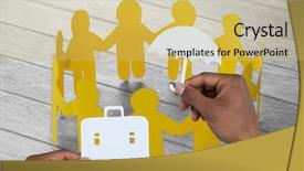  Presentation with cutout paper people standing around globe holding hands - Audience pleasing PPT theme consisting of human ofrm 3d - hands holding a schoolbag backdrop and a yellow colored foreground