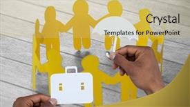  Presentation with cutout paper people standing around globe holding hands - PPT theme enhanced with human ofrm 3d - hands holding a schoolbag background and a yellow colored foreground