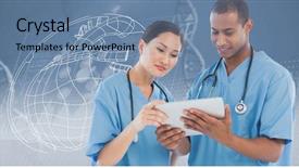  Presentation with digital hospital - Cool new presentation theme with human race - surgeons looking at digital tablet backdrop and a seafoam green colored foreground