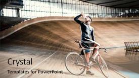  Presentation with young man on the phone - Presentation design consisting of human race - young man on a velodrome background and a coral colored foreground