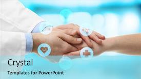  Presentation with doctor patient relations - Beautiful slides featuring human relations - male doctor holding patient's hand backdrop and a arctic colored foreground