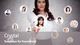  Presentation with social media network - Presentation theme featuring human relations - woman touching virtual screen social background and a gray colored foreground