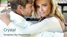  Presentation with human relationship - Audience pleasing slides consisting of human relationship - hugging couple backdrop and a sky blue colored foreground