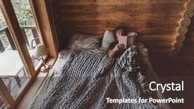  Presentation with log cabin winter - Theme consisting of human relaxing and reading book background and a tawny brown colored foreground