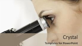  Presentation with microscope - PPT layouts featuring human research - dark-haired scientist looking background and a coral colored foreground