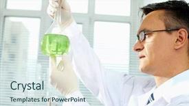  Presentation with green ourdoors - Presentation design having human research - serious clinician looking at flask background and a sky blue colored foreground