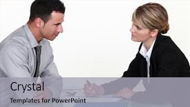  Presentation with calling card for personal of recruiter - Cool new slide deck with human resource - applicant and recruiter backdrop and a light gray colored foreground