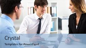  Presentation with leader - PPT theme with human resource - group of business people background and a light blue colored foreground
