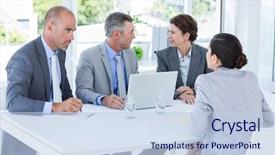  Presentation with interview - Colorful slide set enhanced with human resource - interview panel listening to applicant backdrop and a light blue colored foreground
