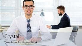  Presentation with young students working in groups - Colorful PPT layouts enhanced with human resource - young businessman working with laptop backdrop and a light blue colored foreground