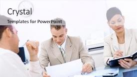  Presentation with job interview - Colorful slides enhanced with financial performance - business and stock market chart backdrop and a navy blue colored foreground.