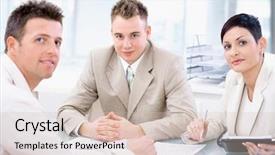  Presentation with employees working together - Beautiful PPT layouts featuring human resource business partner - businessteam of three working together backdrop and a soft green colored foreground