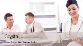  Presentation with three - Theme consisting of human resource business partner - businessteam of three working background and a soft green colored foreground