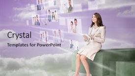  Presentation with cloud computing - Beautiful presentation theme featuring human resource business partner - cheerful businesswoman using futuristic interface backdrop and a light blue colored foreground