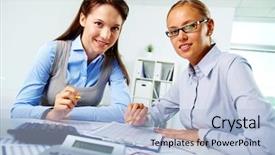  Presentation with human resource - Presentation theme with human resource business partner - portrait of happy young businesswomen background and a light blue colored foreground