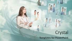  Presentation with cloud computing - Audience pleasing PPT theme consisting of human resource business partner - smiling businesswoman using digital interface backdrop and a  colored foreground