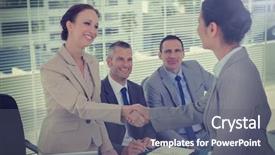  Presentation with employers - Slide set featuring human resource business partner - young pretty applicant shaking hands background and a gray colored foreground