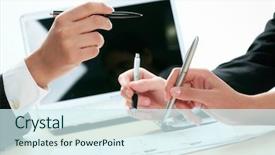  Presentation with partners - PPT theme having human resource strategy - close-up of business partners hands background and a cool aqua colored foreground