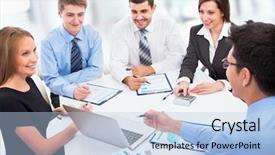  Presentation with business training - Cool new PPT theme with human resource training - business people working with laptop backdrop and a light blue colored foreground