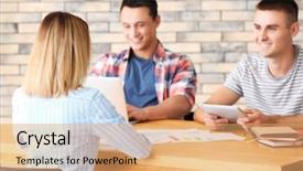  Presentation with human resources - Slide set enhanced with human resources commission interviewing woman background and a  colored foreground