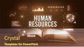  Presentation with human resources - Presentation design enhanced with human resources inscription coming out from an open book creative business concept background and a tawny brown colored foreground