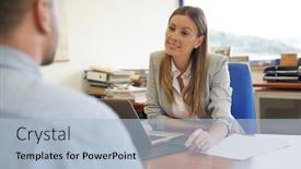  Presentation with interview - Beautiful PPT theme featuring human-ressources-manager-having backdrop and a light blue colored foreground