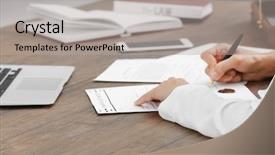  Presentation with lawyer - Beautiful theme featuring right books - female lawyer signing documents backdrop and a light gray colored foreground