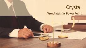 Presentation with lawyer - Cool new PPT layouts with scales of justice on wooden backdrop and a lemonade colored foreground