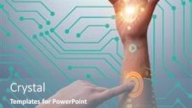  Presentation with robotic - Colorful PPT theme enhanced with human-robotic-hand-in-futuristic backdrop and a seafoam green colored foreground