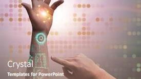  Presentation with robotic - Presentation theme having human-robotic-hand-in-futuristic background and a coral colored foreground
