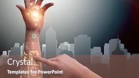  Presentation with robotic - PPT theme consisting of human-robotic-hand-in-futuristic background and a violet colored foreground