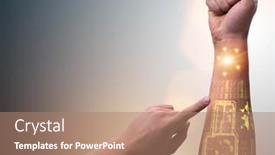  Presentation with robotic - Presentation theme consisting of human-robotic-hand-in-futuristic background and a coral colored foreground